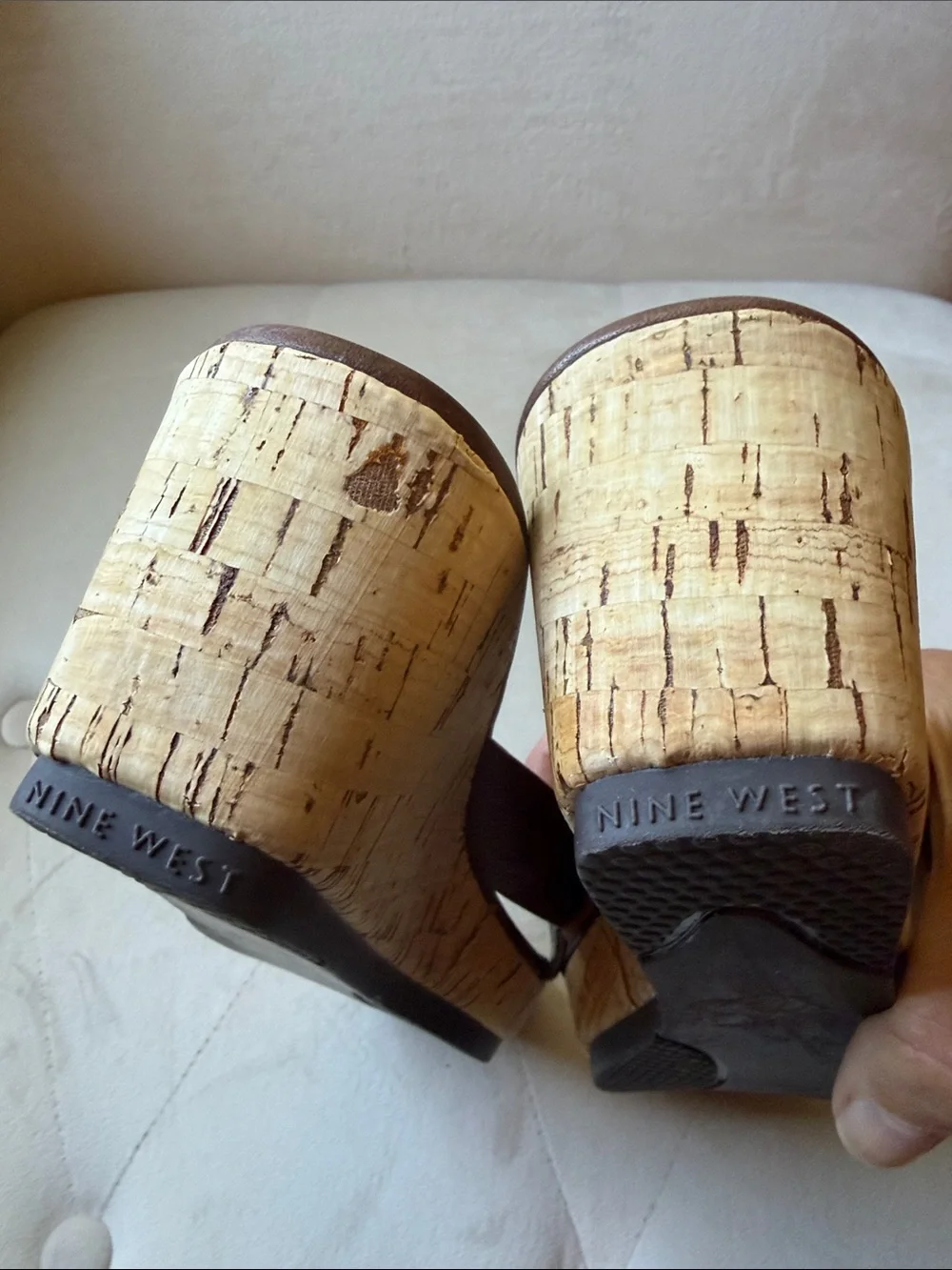 Nine West Brown Leather Cork-Textured Wedge Sandals